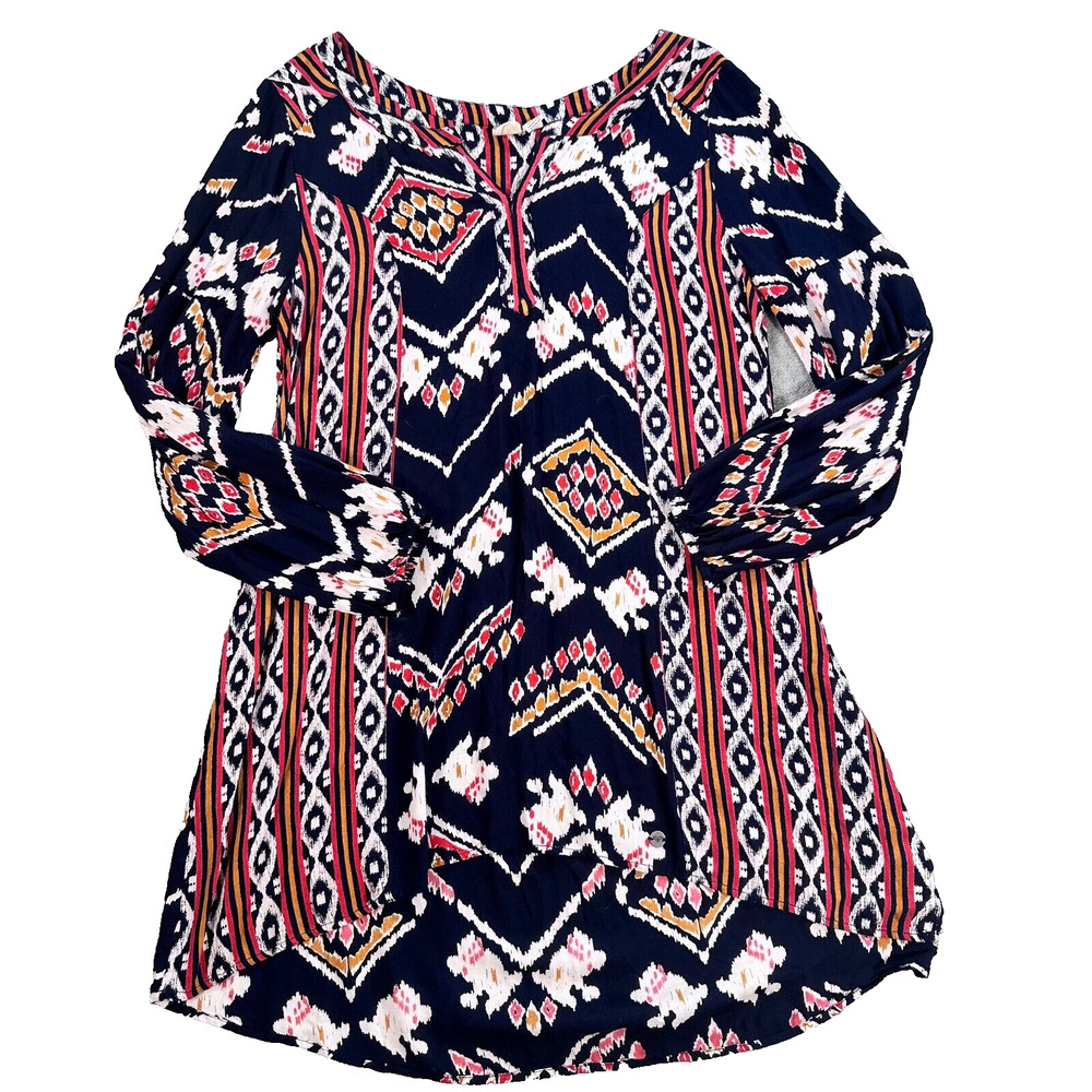 Roxy High Low Tunic Blouse Size Small 3/4 Sleeve Blue/Orange Southwestern